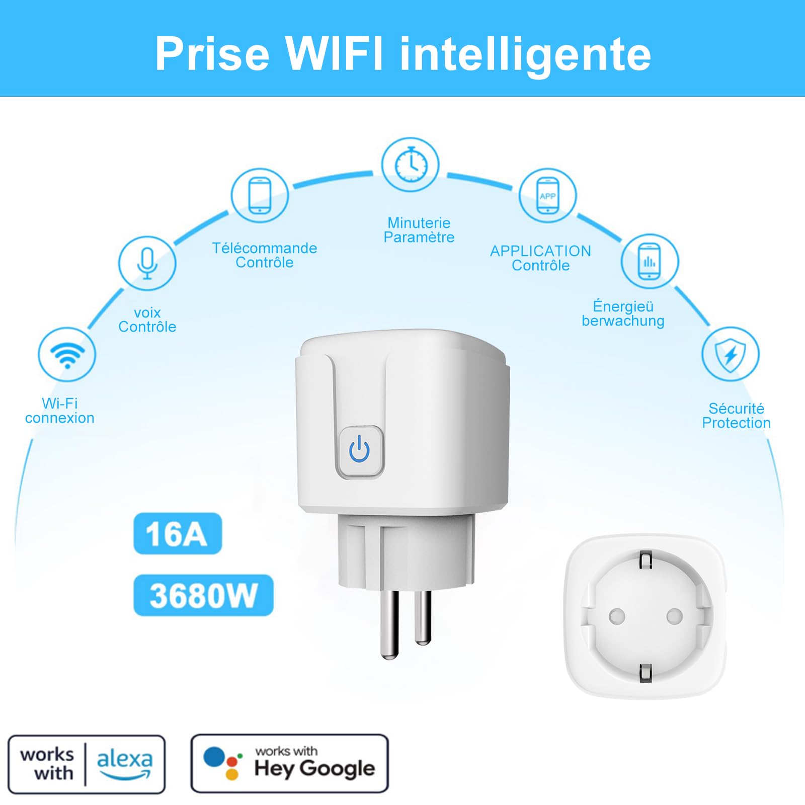 Presa connessa WiFi Intelligente 16A, Controllo tramite App Mobile e Vocale, Compatibile con Alexa e Google Home, Rete 2.4 GHz (4 pezzi set)