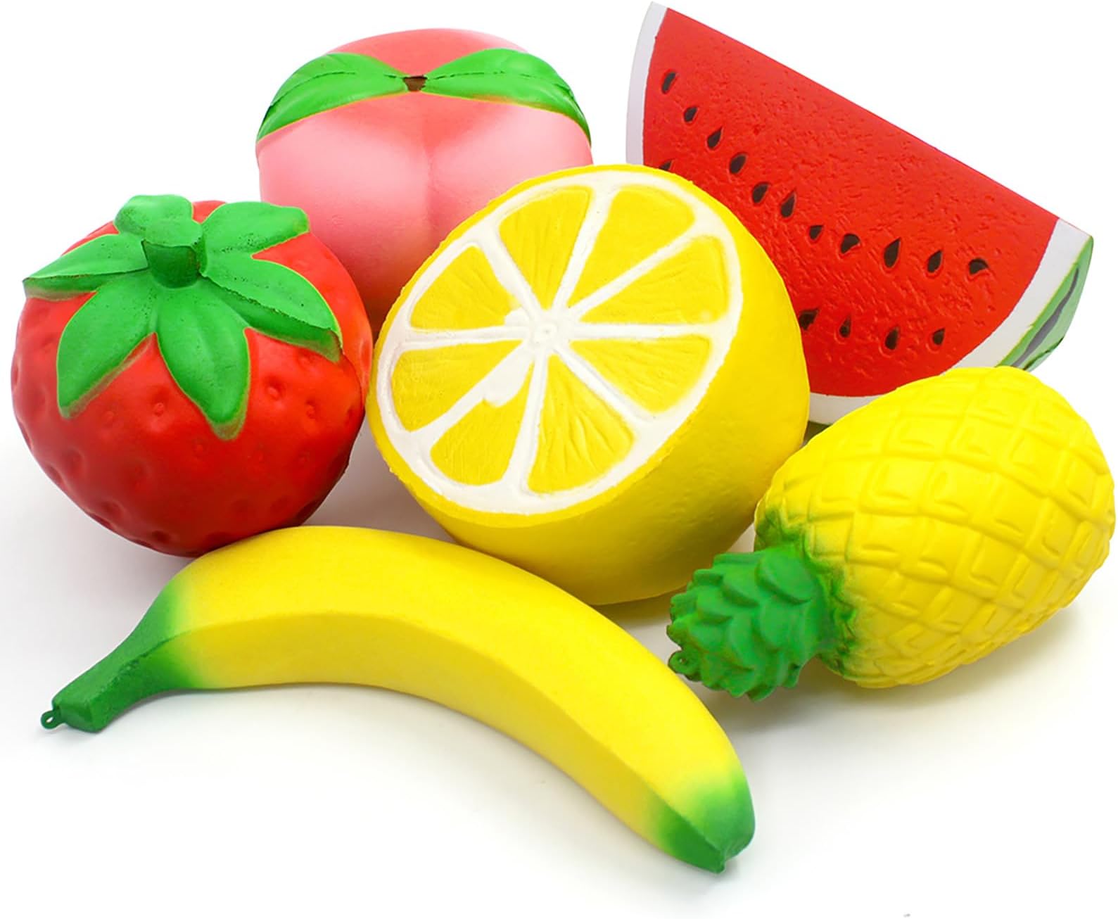 6PCS Jumbo Squishies Slow Rising Strawberry Peach Banana Lemon Watermelon Pineapple Charms Fruit Squishies Cream Scented Stress Relief Kawaii Toys for Kids and Adults