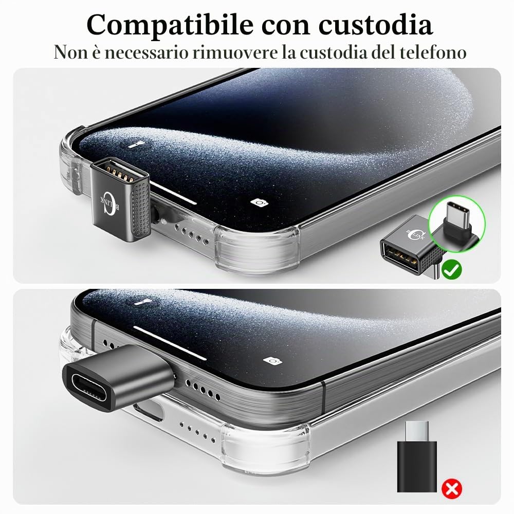 Adattatore USB C a USB da 10 Gbps (2 pezzi), 90 gradi da maschio ad angolo retto a presa A 3.2, convertitore per iPhone 16, serie 15, iPad, MacBook e altro ancora