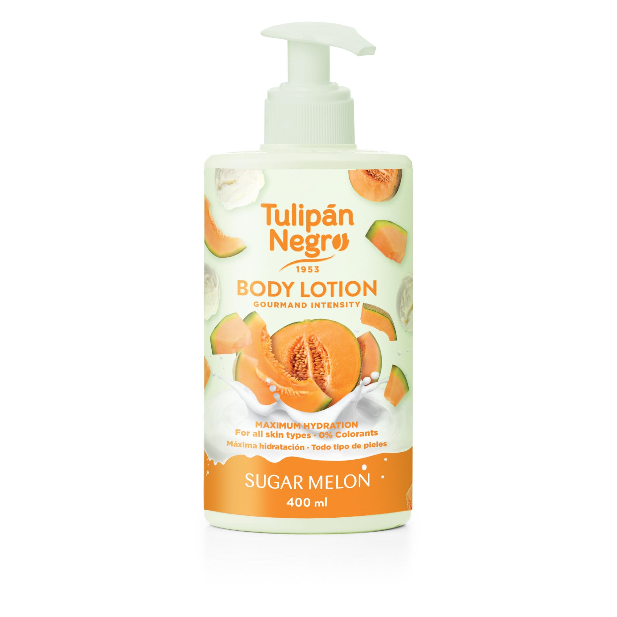 Tulip Black Body Lotion with Sugar Melon Dispenser, Maximum Moisture Supply, 400 ml, Intensely Scented and for All Skin Types