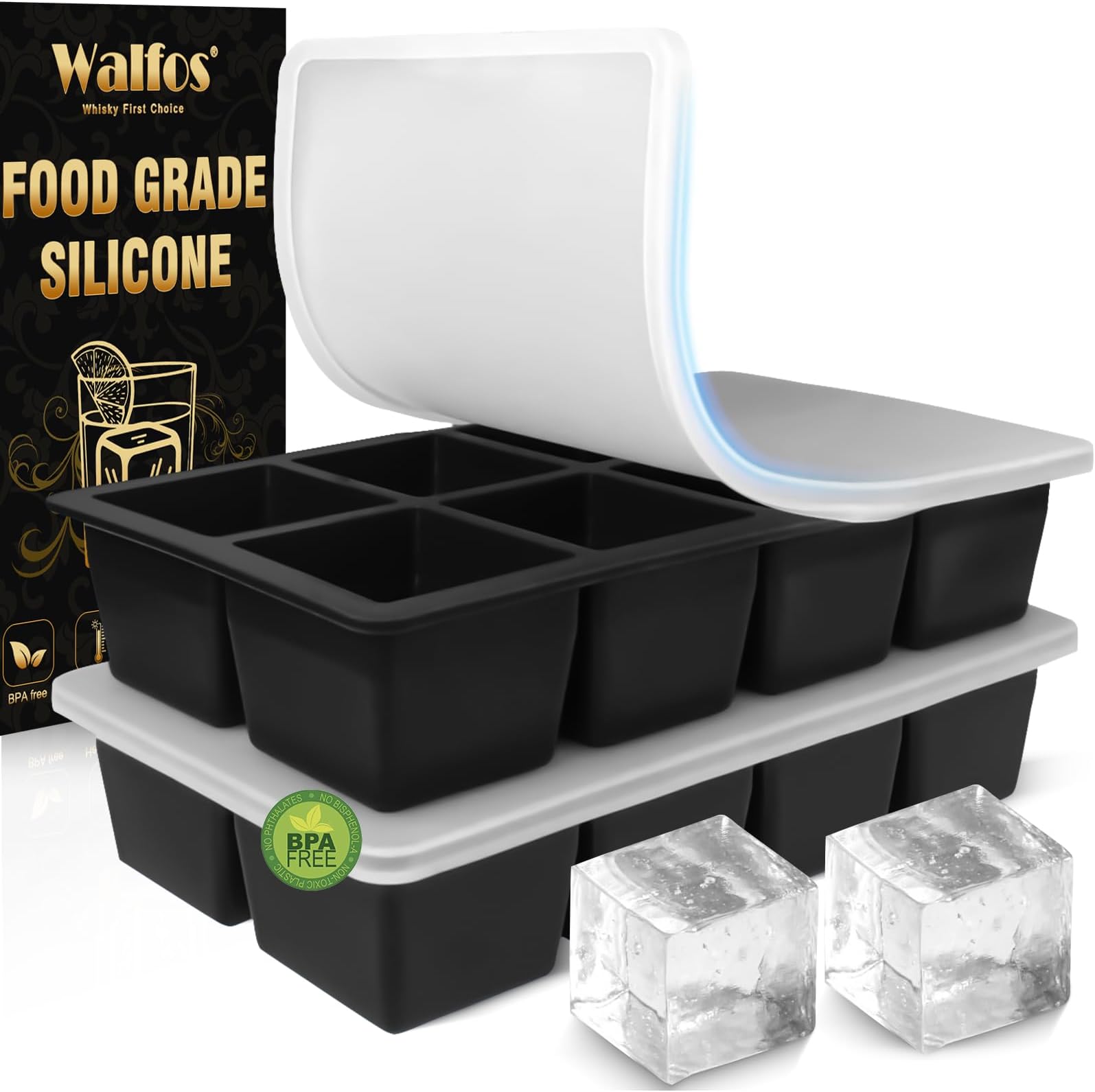 Large Silicone Ice Cube Tray, Pack of 2, 8-Compartment Silicone Ice Cube Tray with Lid, BPA-Free and Dishwasher Safe, for Cocktails, Whisky, Baby Food (Black)