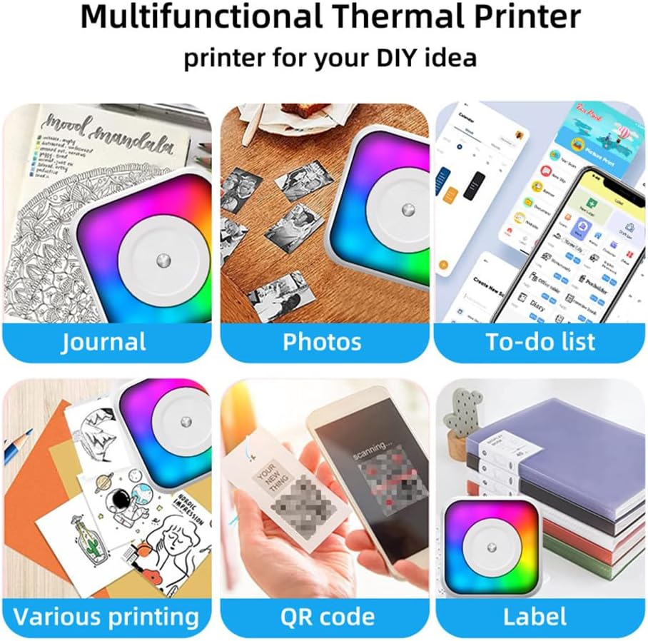 Mini Thermal Printer Multifunction Portable Sticker with RGB Instant Photo Inkless Printing Port BT Connection for Smartphone with 9 Thermal Paper Roll 57mm + 5 Self-Adhesive Paper
