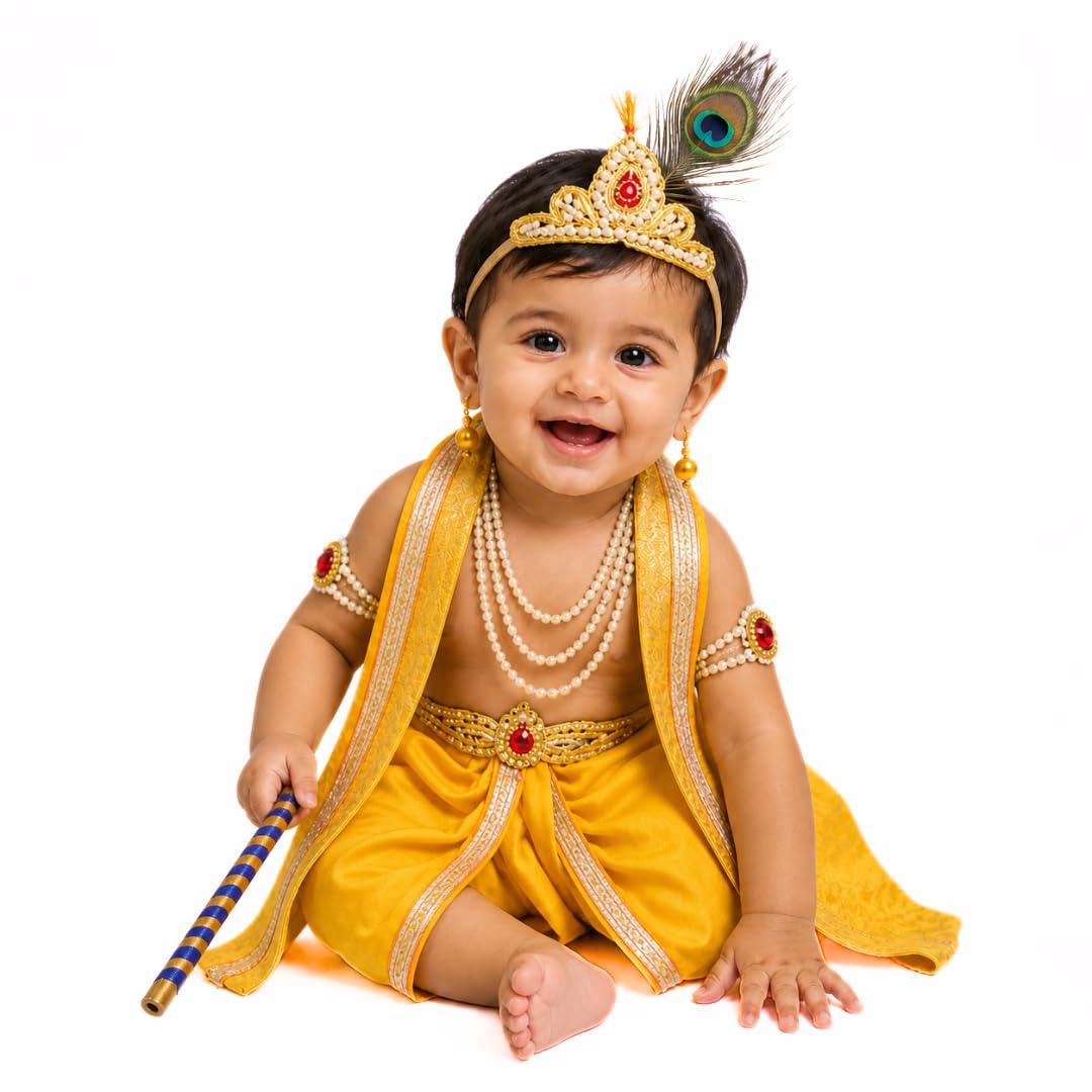 ITSMYCOSTUME Krishna Dress for Baby Boys & Girls | Little Krishna Costume Set with Dhoti, Mukut, Morpankh, Bansuri, Patka & Accessories | Janmashtami Fancy Dress for Kids (Yellow)
