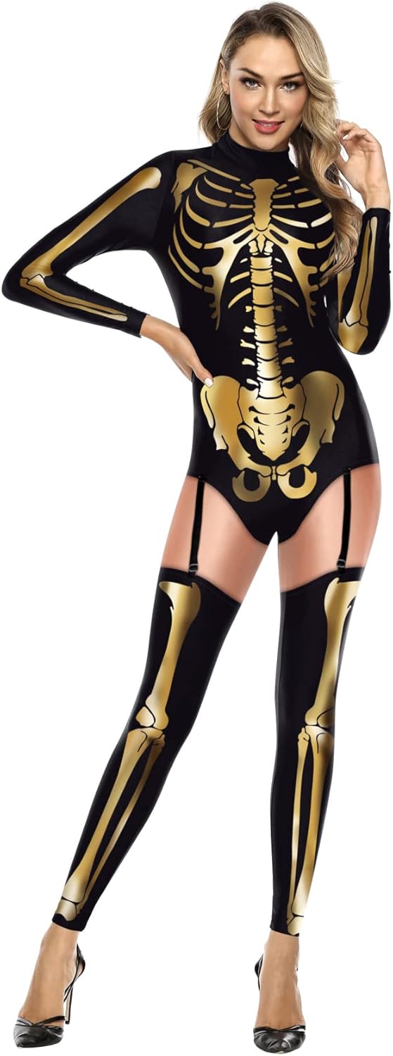 Honeystore Women's Skeleton Print Jumpsuit Costume 3D Stretch Bodysuit Cosplay - Image 2