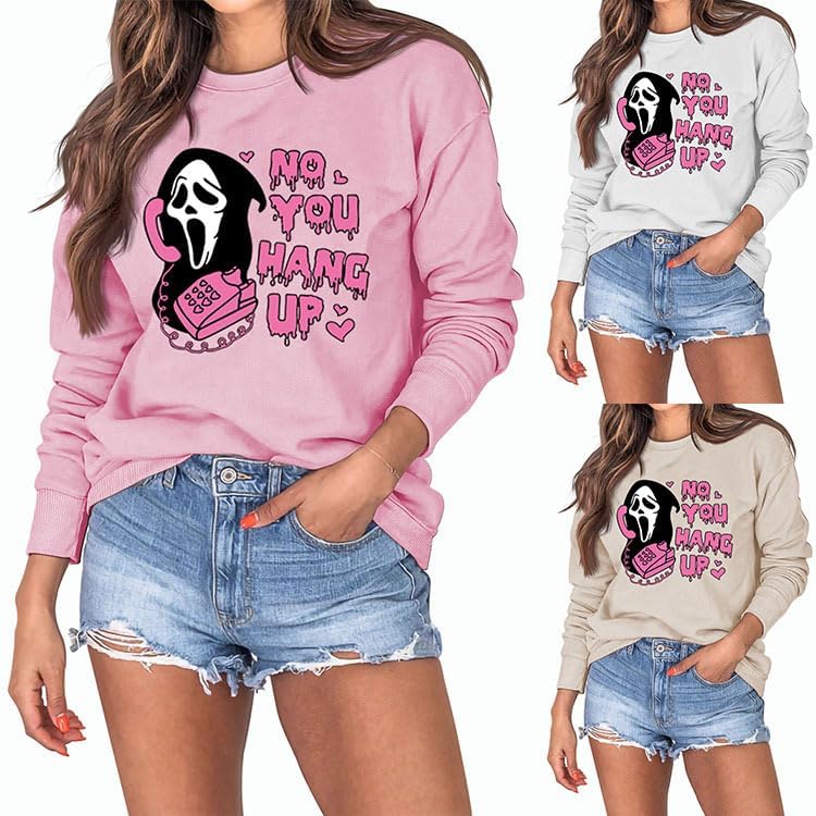 No You Hang Up Sweatshirt for Women Funny Ghostface Graphic Long Sleeve Shirt Halloween Sweatshirt Pullover Sweater - Image 8