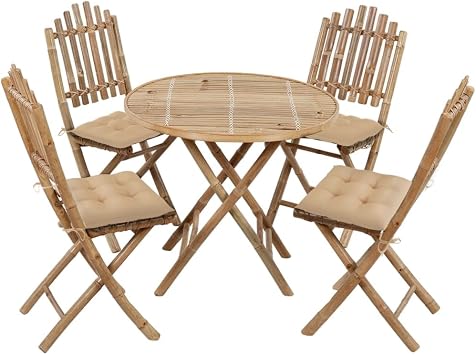 Patio Dining Set Set of 4 Beige Bamboo and Polyester Medium Outdoor Furniture Outdoor Decor for Balcony Garden