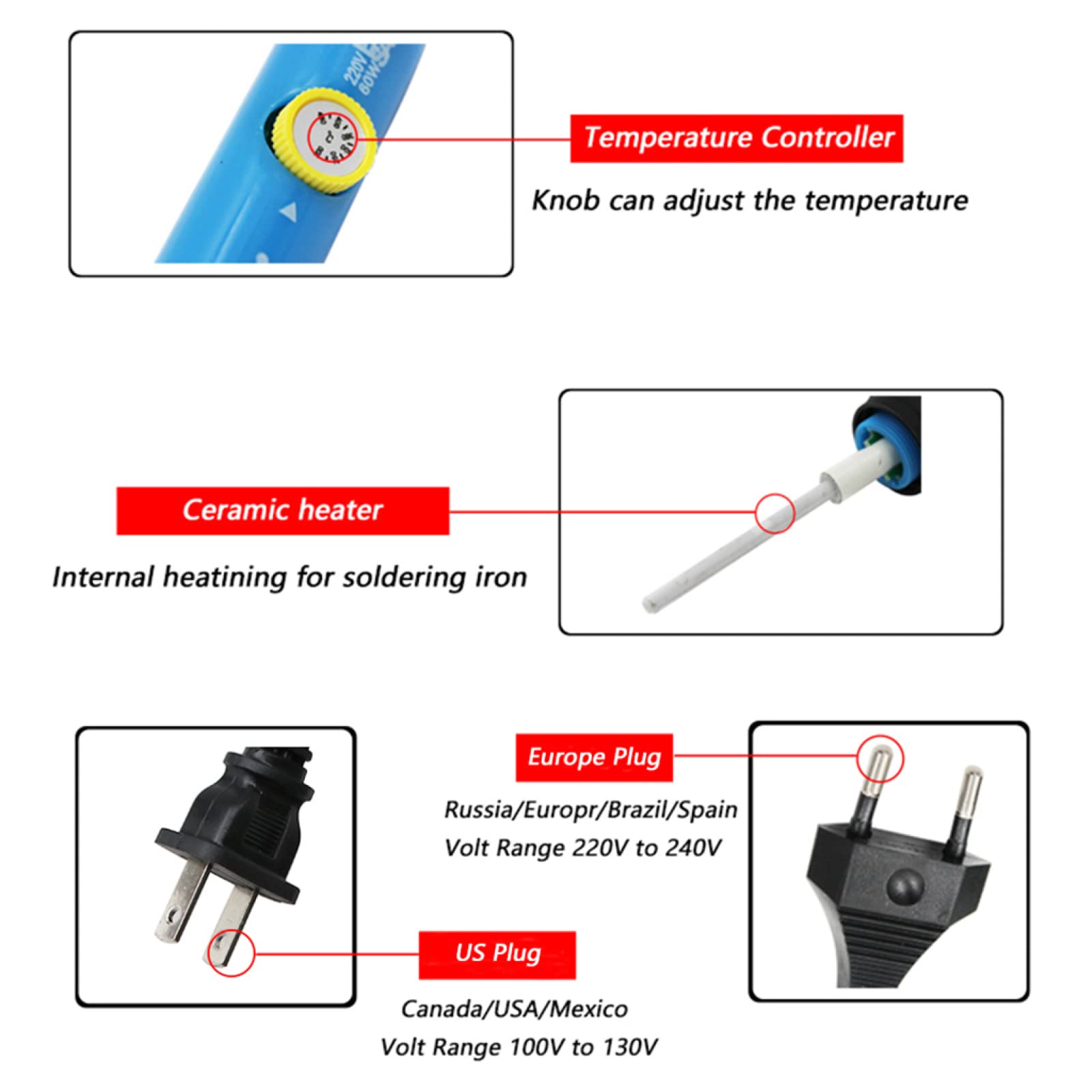 Kit De Soldador Eléctrico De Temperatura Ajustable De 60 W, Herramienta De Reparación De Soldadura Portátil, Puntas De Pistola De Soldar, Alambre De Soldadura, Esponja, Soporte para Soldador