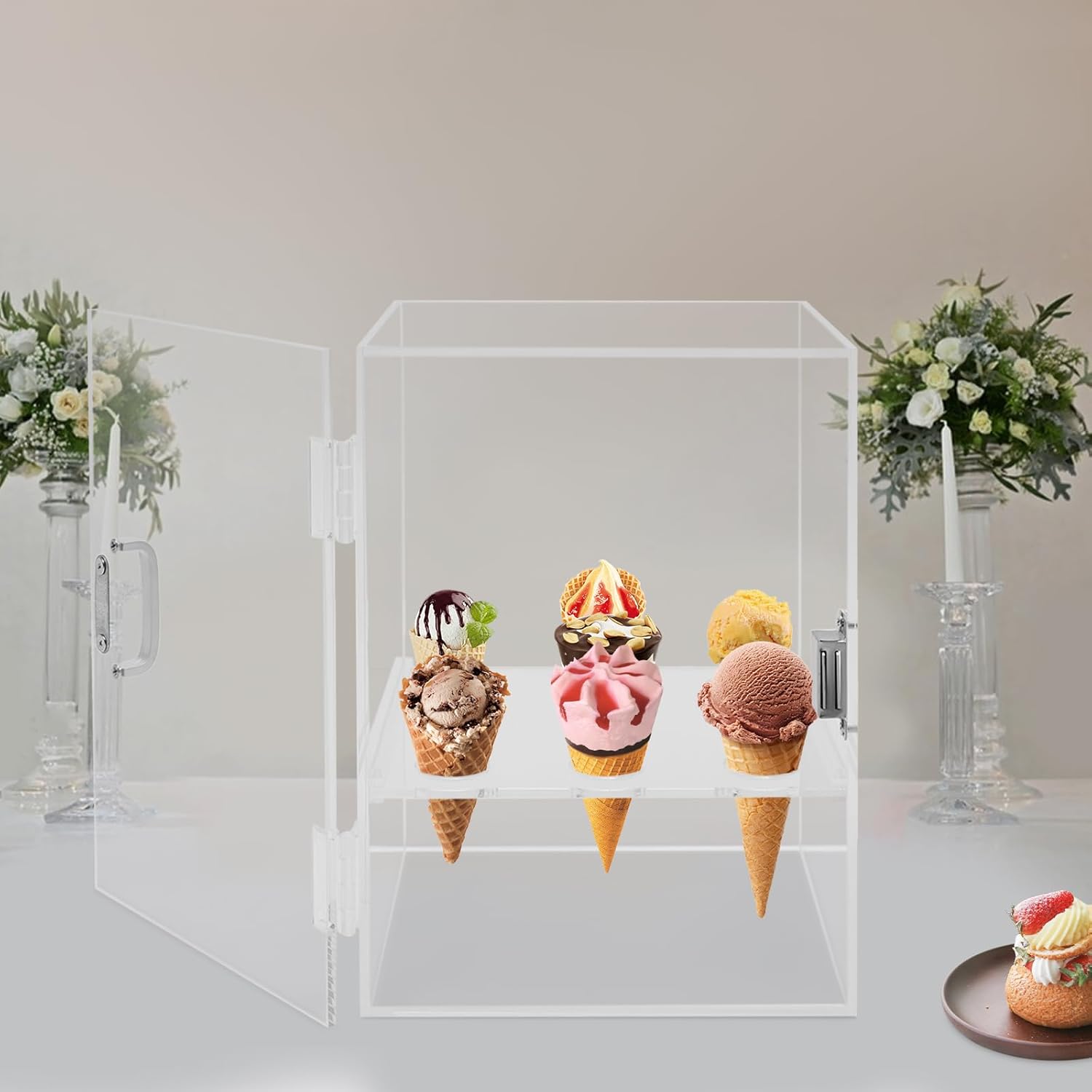 Ice Cream Cone Display Cabinet Acrylic Case 9 Holes Clear Ice Cream Waffle Cone Transparent Holder Stand Commercial Countertop Egg Cone Ice Cream Cone Display Case