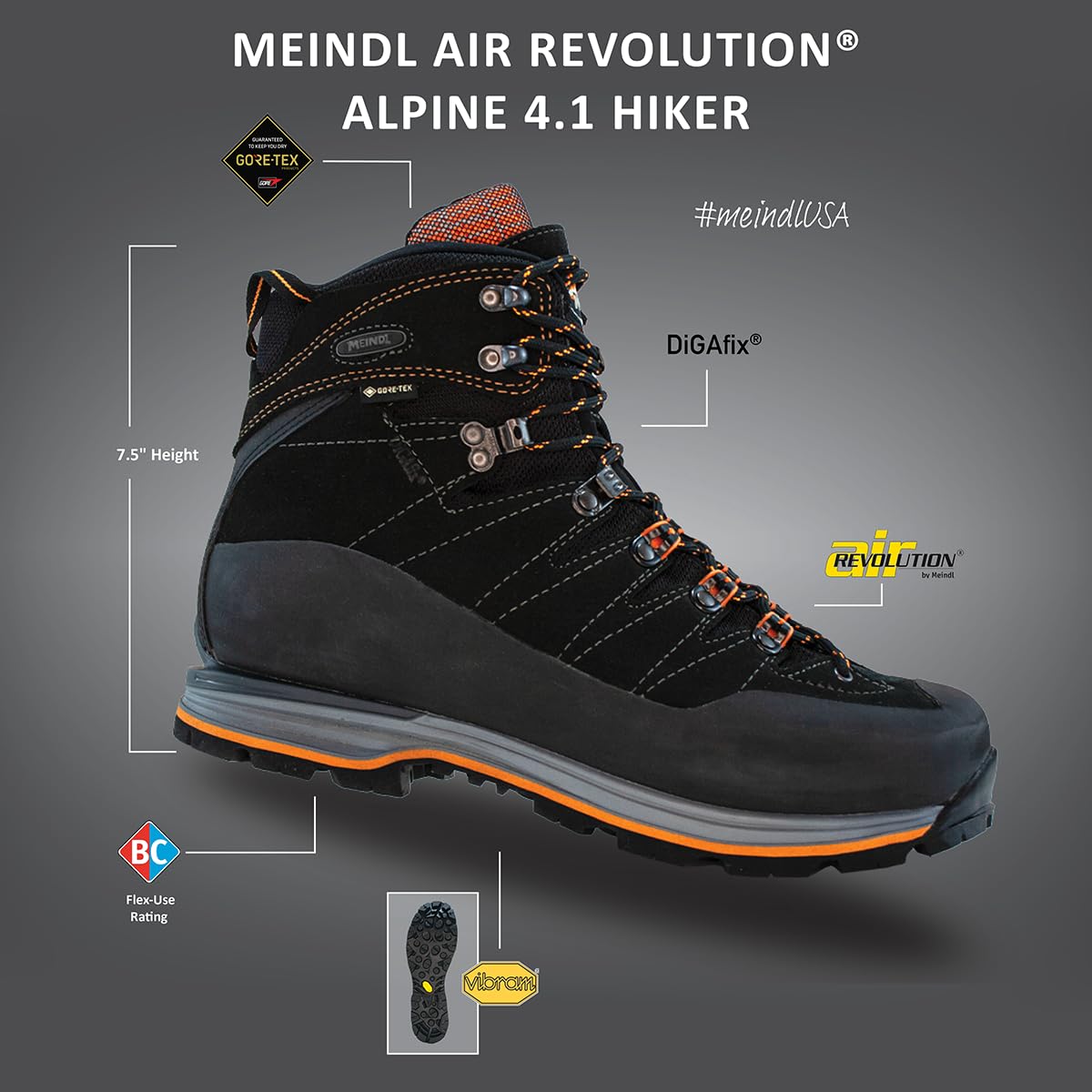 Meindl Men's Air-Revolution Alpine 4.1 Hiker | Gore-Tex Waterproof Hiking Boots | Mountain Boots | Climate-Control Technology | Made in Germany (Black, US 11.5)