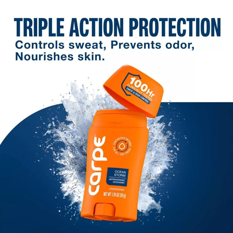 Carpe Men's 100HR Sweat & Odor Control Antiperspirant Deodorant - Ocean Storm - 1.76oz: Paraben-Free, Vegan, Cream, Under Arm