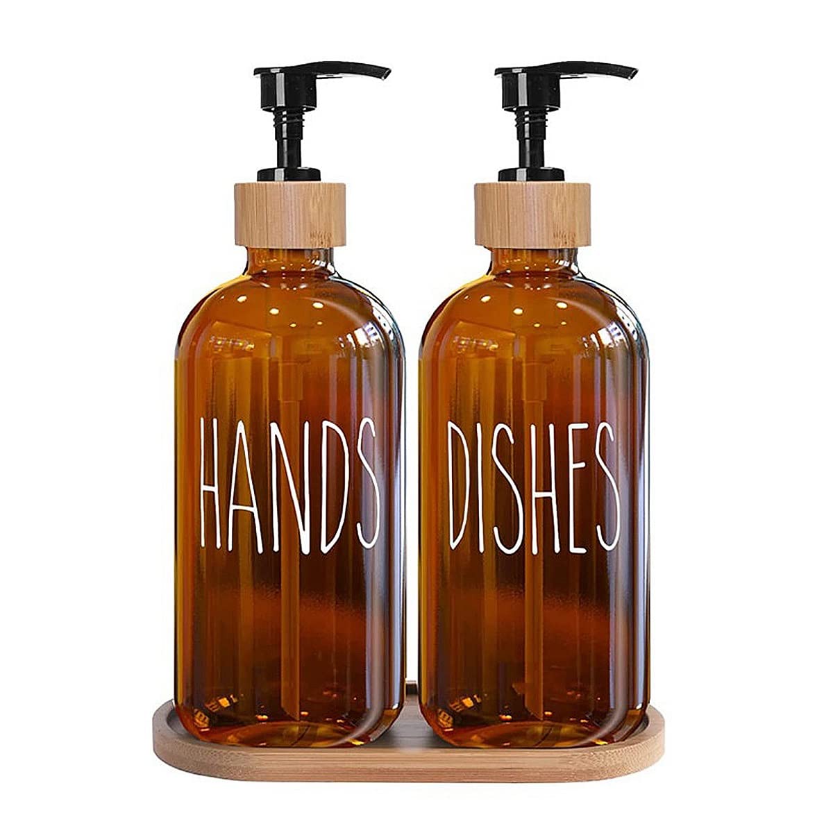 VILIKE Manual Glass Soap Dispenser Set For Bathroom and Kitchen(500ml/17oz), Contains wooden Tray and Pump Conditioner Dispenser 2PCS (Amber)