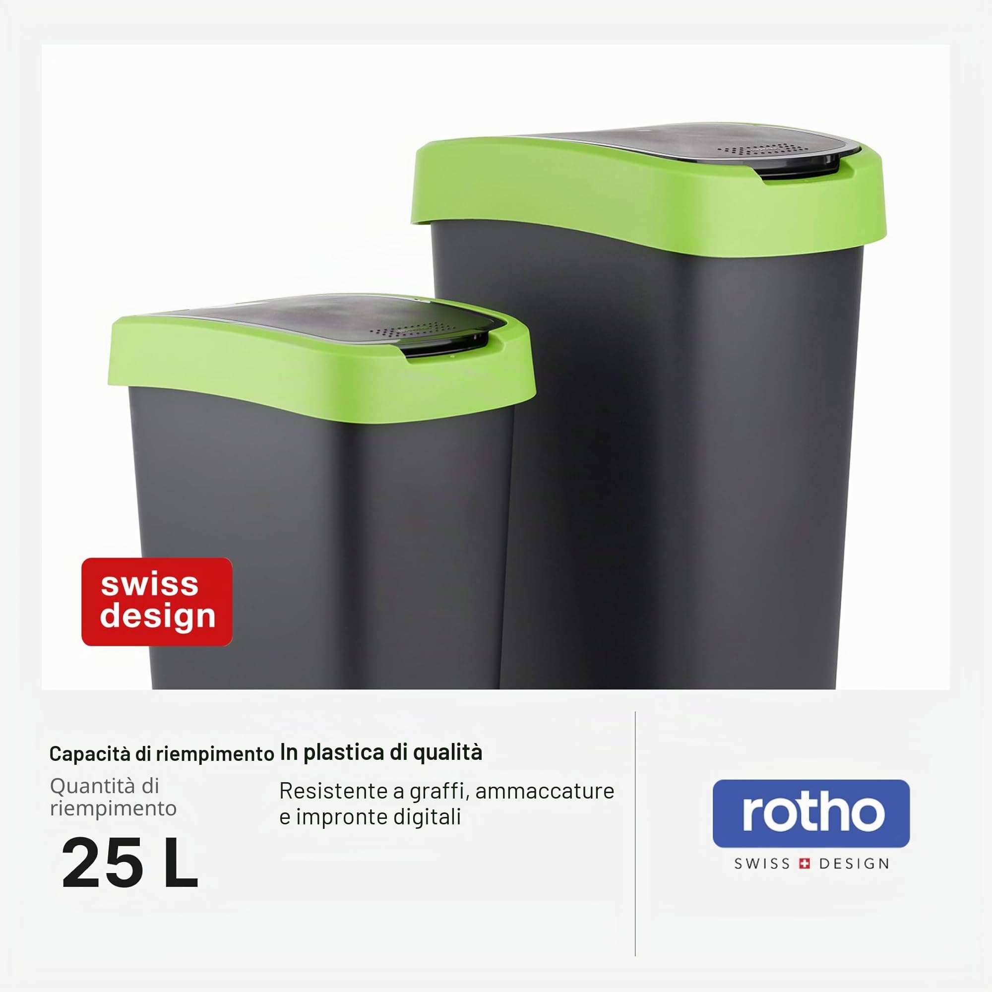 Rotho Salsa Pattumiera da 25 l con coperchio, in plastica (PP) senza BPA, verde, 25 l (33,3 x 25,2 x 47,6 cm)