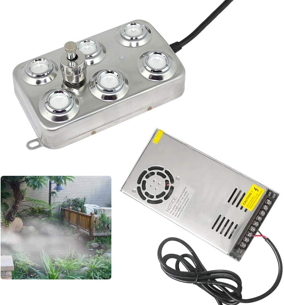 Bespick Mist Maker Fogger 6 Head Pond Fogger Ultrasonic Atomizer Water Fountain Pond Fog Machine for Gardening Swimming Pool Greenhouse Hydroculture (Included Transformer and US Plug)