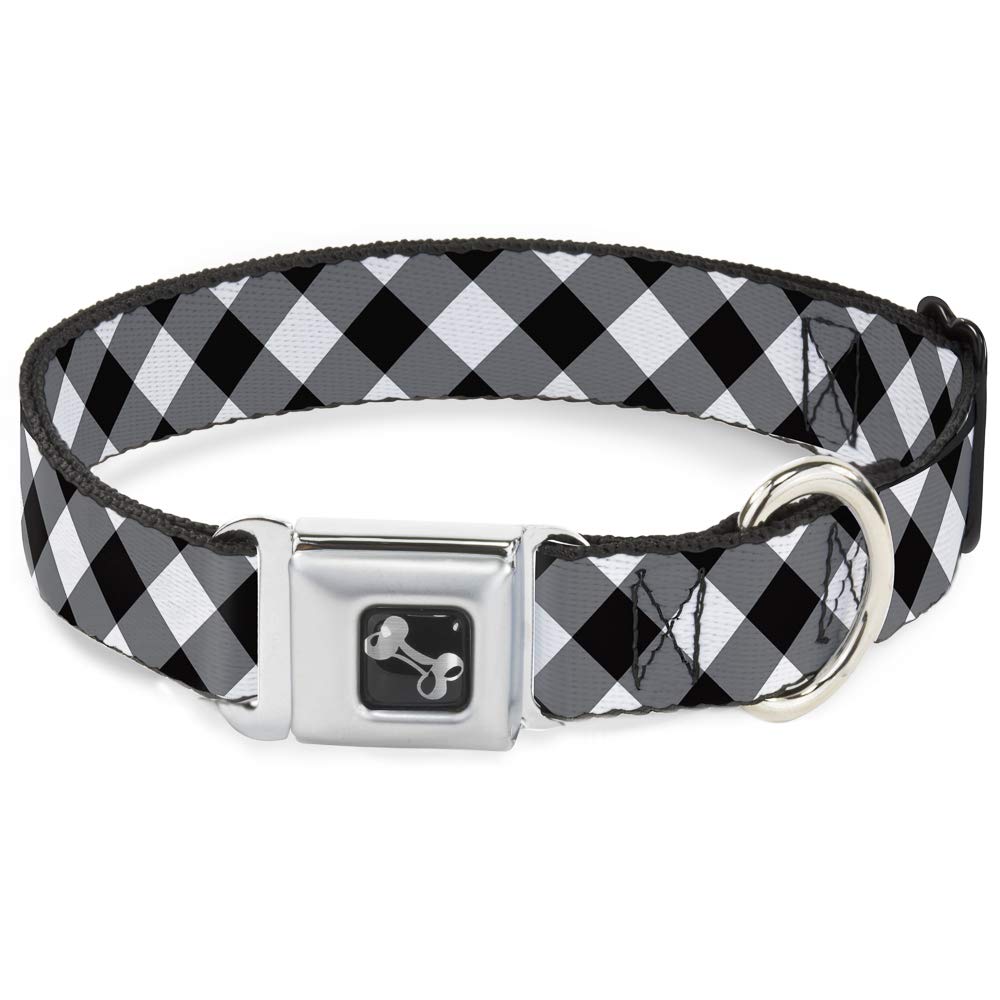 Dog Collar Seatbelt Buckle Diagonal Buffalo Plaid Black White 15 to 26 Inches 1.0 Inch Wide