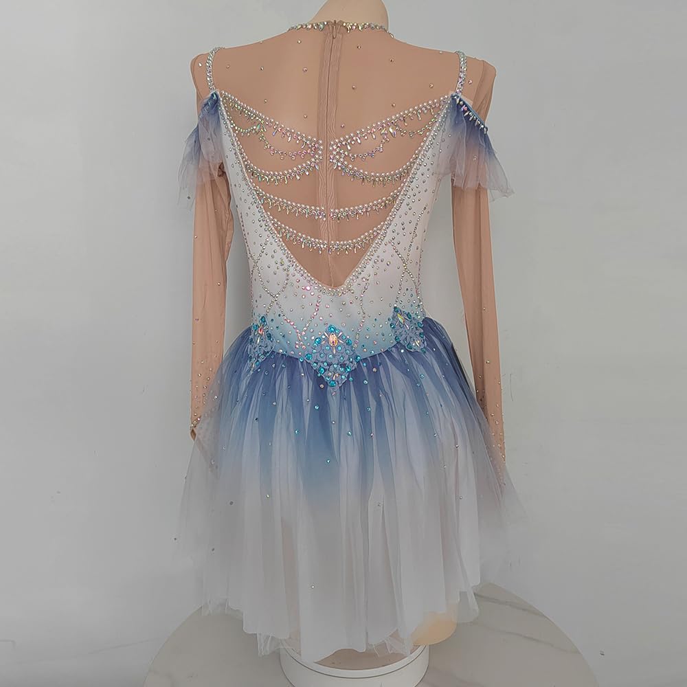LIUHUO Vestido de patinaje artístico para niñas, color azul, malla graduada, manga larga, rendimiento de competición