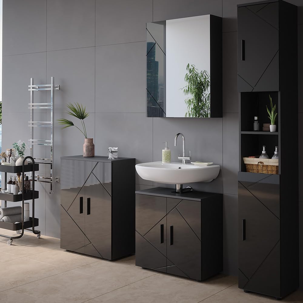 Vicco Badspiegelschrank Irma, Anthrazit Hochglanz/Anthrazit, 60 x 75 cm, zur Wandmontage mit integrierter Spiegelfläche