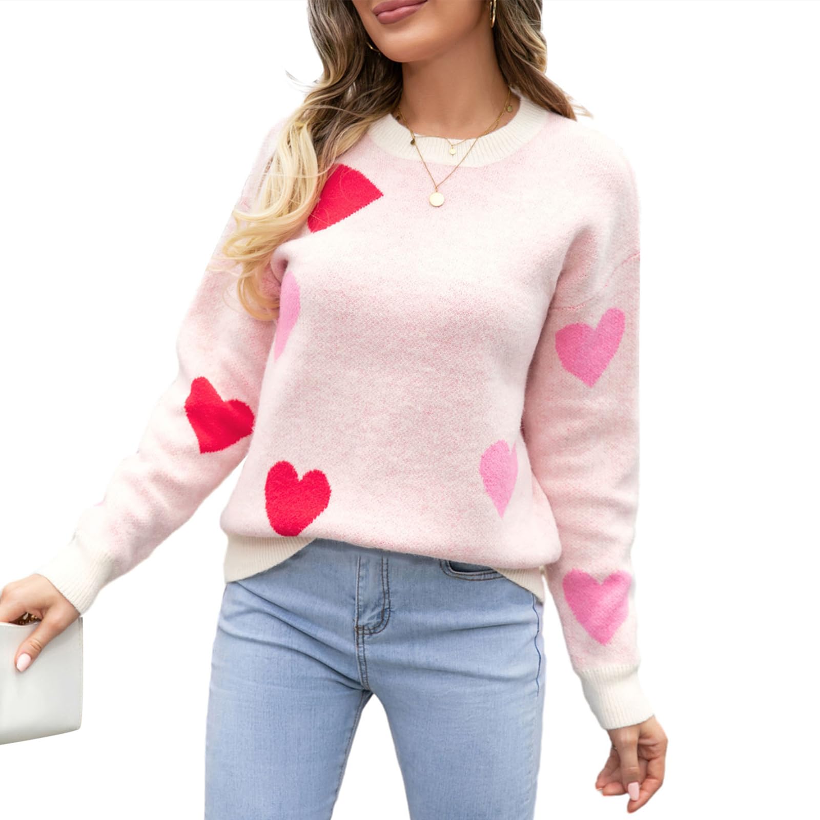 Womens Love Heart Pullover Sweaters Long Sleeve Crewneck Cute Sweater Knitted Casual Sweater