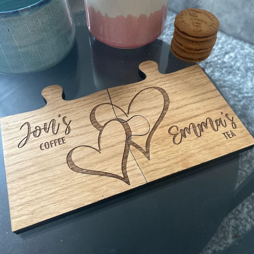 Personalised Couples Coaster Set with Hearts, Engraved Jigsaw Wooden Coaster, His Her Gift, Mr Mrs Gift, 5th, Set of 2