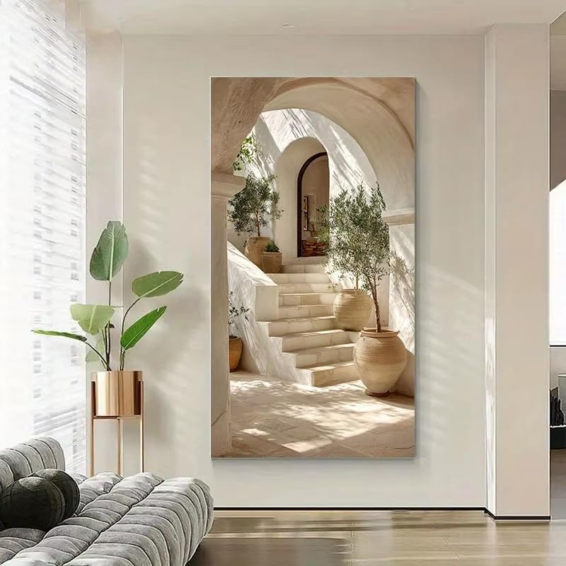 Lienzo con diseño de olivo mediterráneo de gran tamaño y escalones, moderno paisaje isleño en beige y blanco, póster artístico para pared para decoración del hogar 100x200cm/39x79in Sin marco