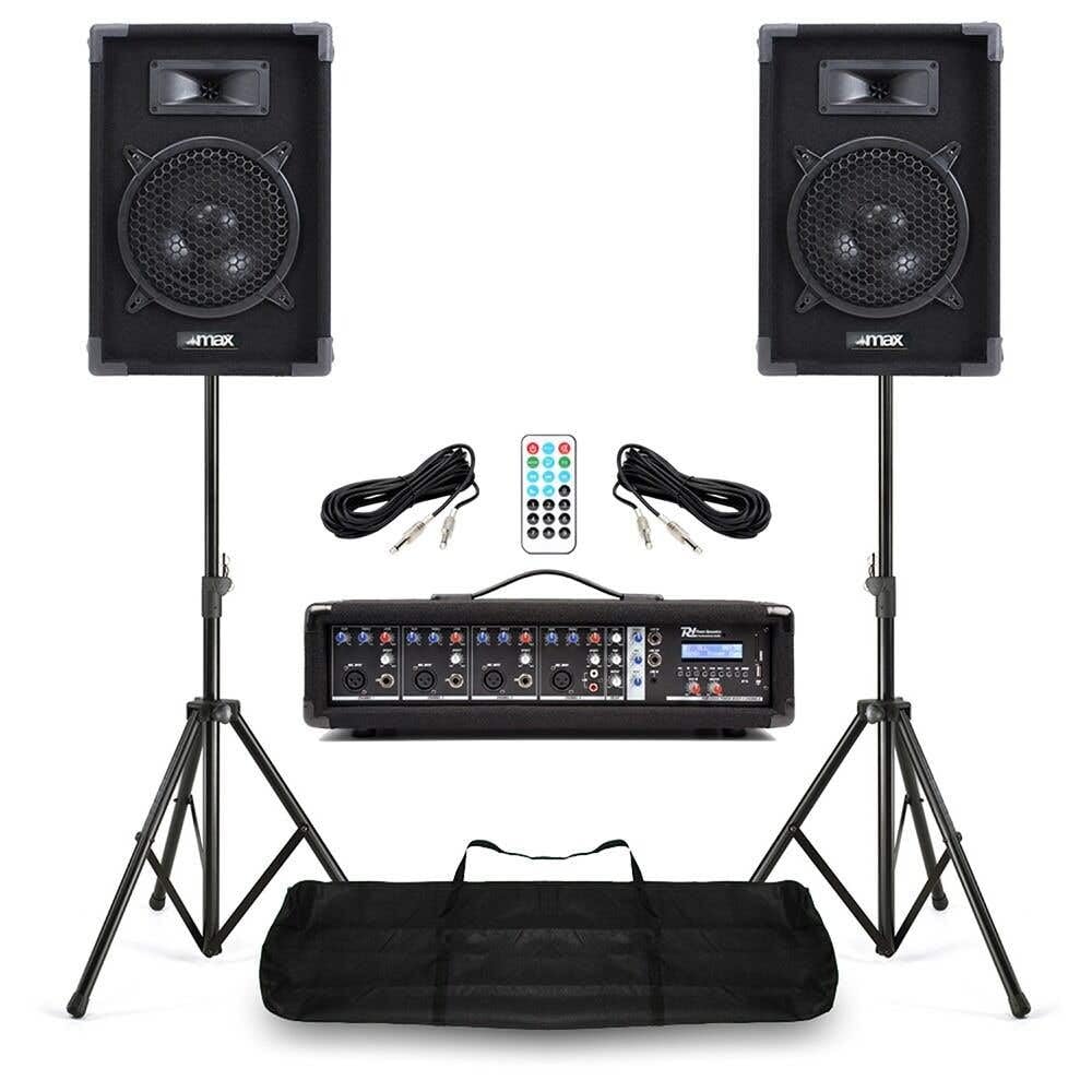 MAX Pack Sono Music/Power Dynamics/Vonyx - 2 Enceintes 8″ + Mixer 4 Canaux + Câbles | Système PA Complet pour Chanteurs, Groupes et Animations