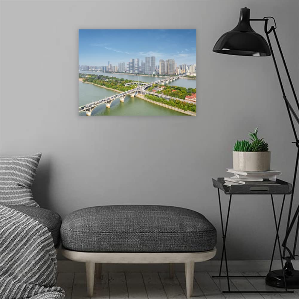 VERRE ARTWood Framed Canvas - Wall Decor for Living Room, Bedroom, Office, Hotels, Drawing Room (22in X14in) - Changsha City With Bridge