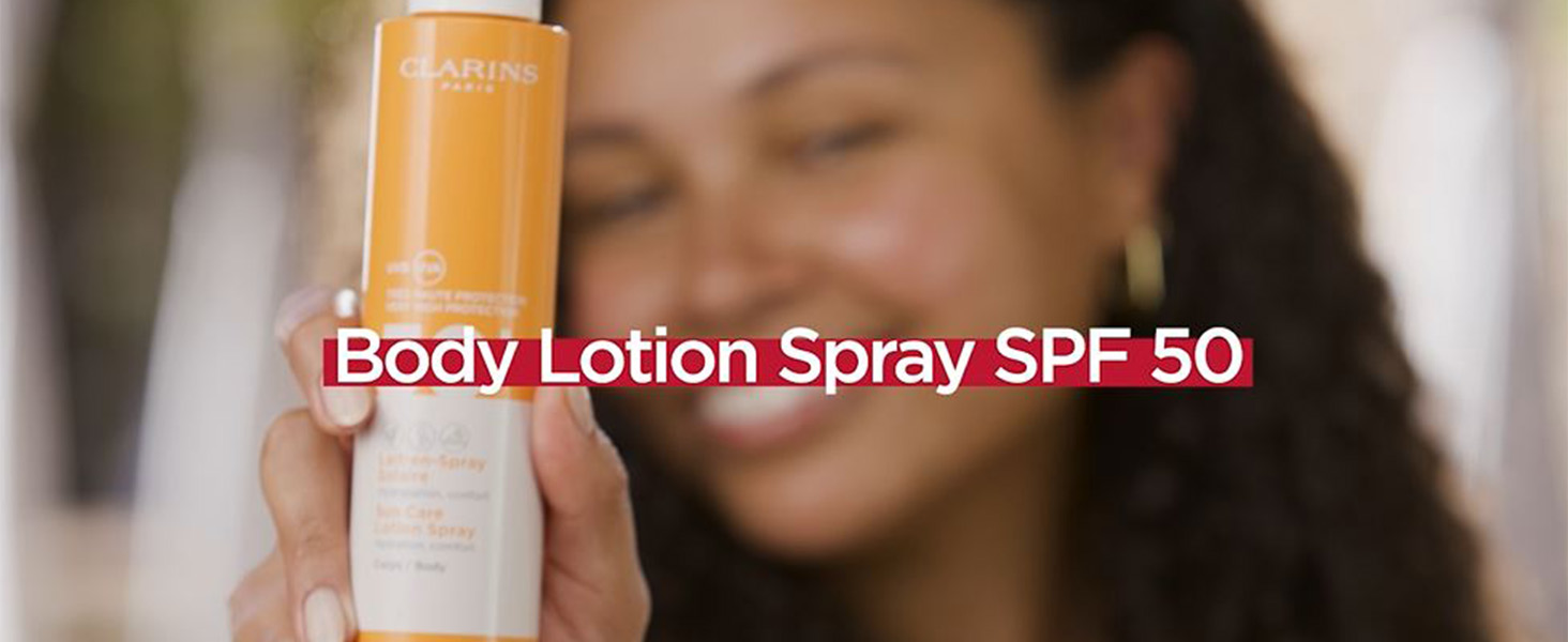 Clarins Body Sunscreen Lotion Spray | Broad Spectrum SPF 50+ | UVA/UVB Protection | Lightweight and No White Cast | Enriched with Antioxidants | All Skin Types, including Sensitive Skin | 5 Ounces