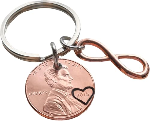 Custom Penny Keychain With Rose Gold Infinity Charm, Anniversary Keychain for Husband, Wife, Boyfriend, Girlfriend, Couples Key Chain
