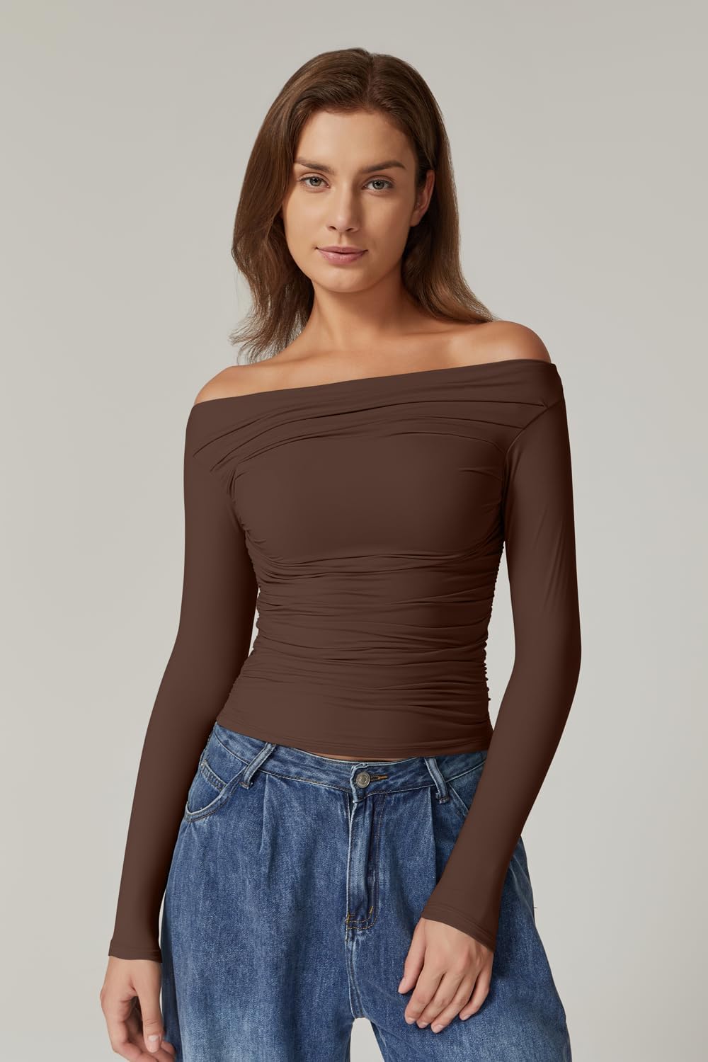 QINSEN Womens Off Shoulder Long Sleeve Tops Ruched Going Out Crop Slim Fitted Double Lined Shirts - Image 2