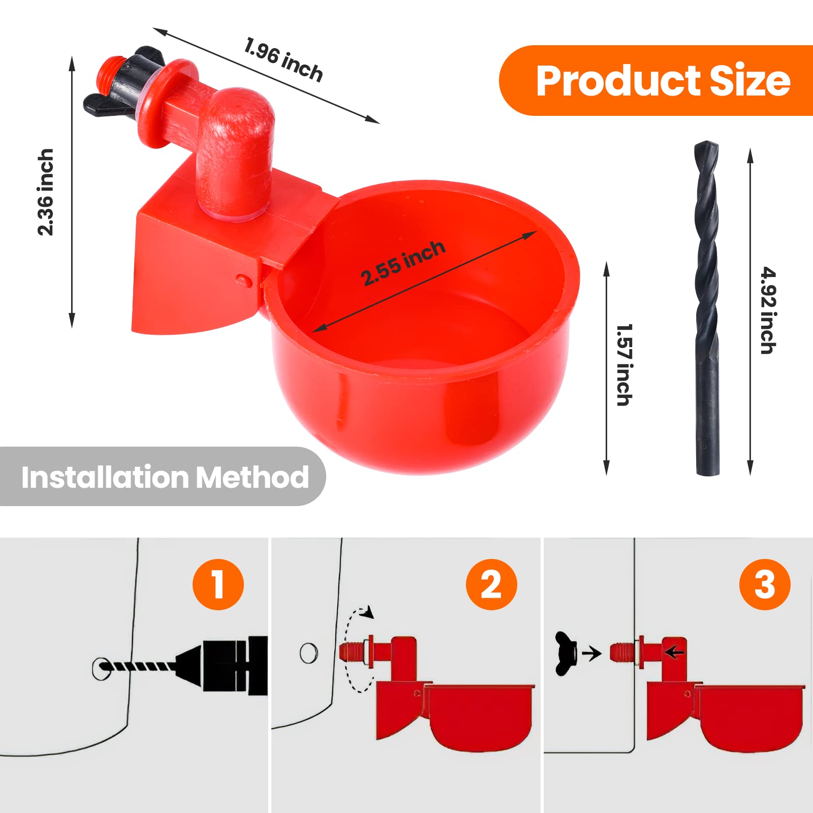 Regadera de pollo, tazas de agua de pollo para aves de corral, llenado automático de gravedad de pollo con sierra perforadora para cubos, cajas y comederos (paquete de 24)