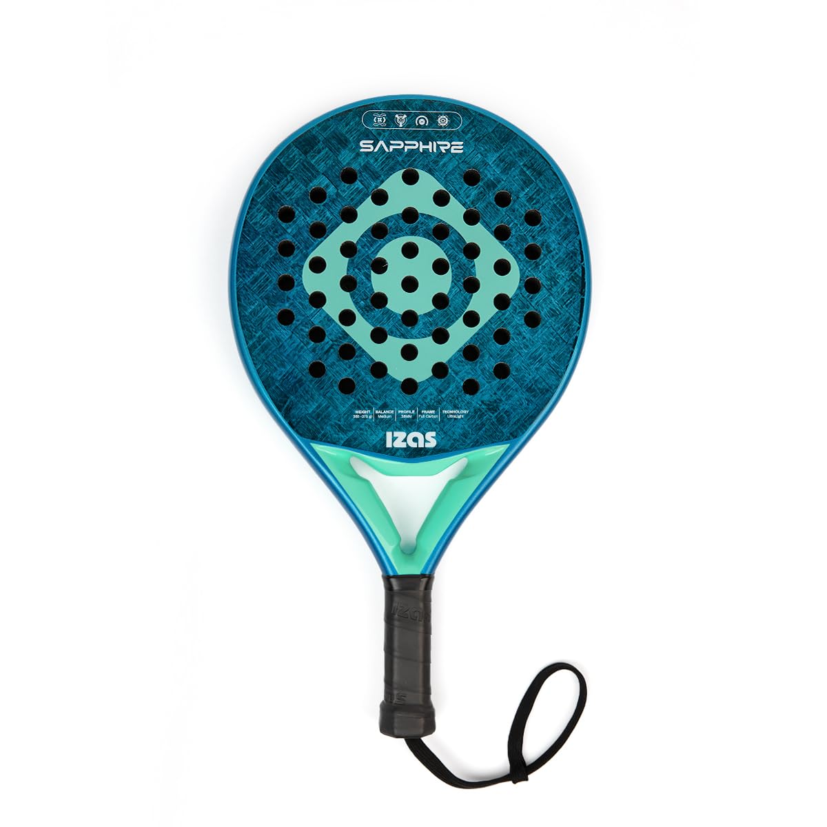 IZAS Sapphire Pala de Padel Ultra Ligera de Fibra de Carbono con Forma Lágrima. Pala 38mm de Diseño Ergonómico para Equilibrio Potencia y Control. Raqueta Unisex 365g