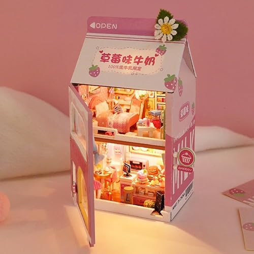Miniatura 2 de Kit de casa de muñecas en miniatura, casa de muñecas de madera para casa de muñecas con forma de cartón de leche, kits de muebles con luces LED para