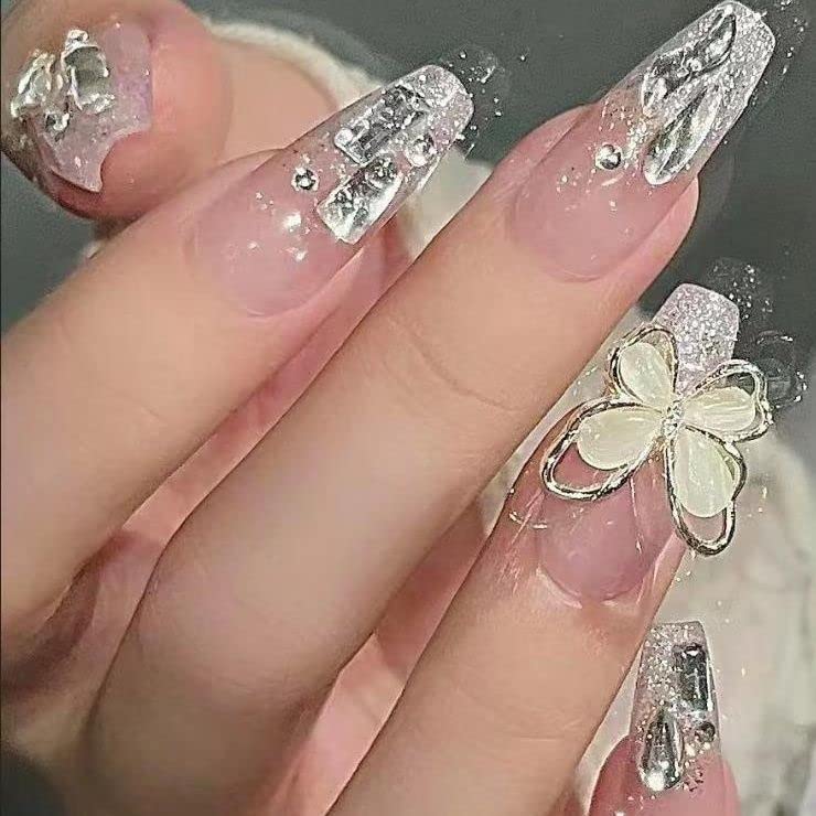 Miniatura 8 de Uñas postizas medianas a presión con pegamento de uñas, uñas postizas de mariposa 3D con diseños de diamantes de imitación, color rosa nude,