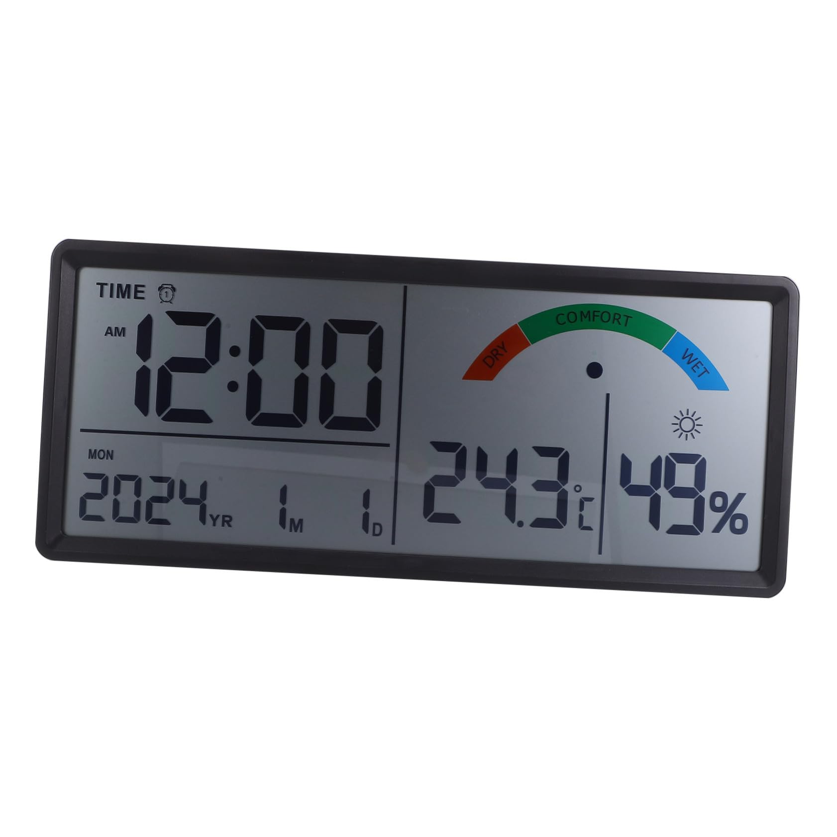 ULTECHNOVO Große Digitale LCD Wanduhr mit Alarm und Feuchtigkeitsmessgerät | Schwarzes Abs Gehäuse, 4 Aa Batterien, für Schlafzimmer und Büro, Klare Anzeige für Senioren