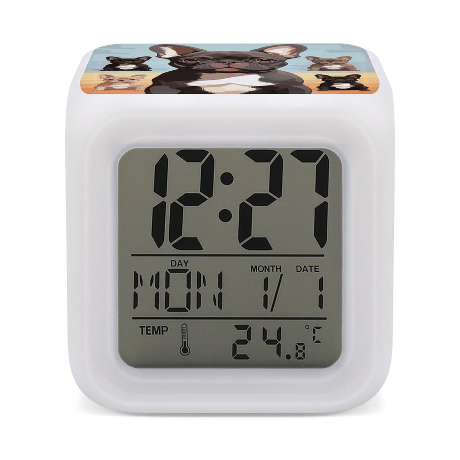 JTREHY 7 Color Changing LED Digital Alarm Clock,French Bulldog Dog Cute Printed Wake-up Clock with Temperature Display Home Decoration Alarm Clock for Bedroom Office