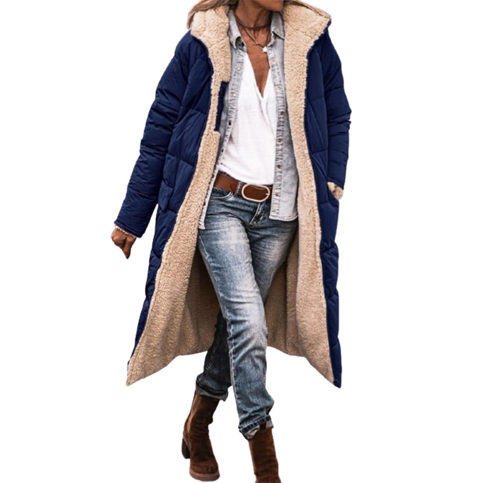 Qingxingfa Women's Navy Blue ’S Long Quilted Puffer Coat With Hood – Warm Fleece Lined Oversized Winter Jacket (,3Xl)