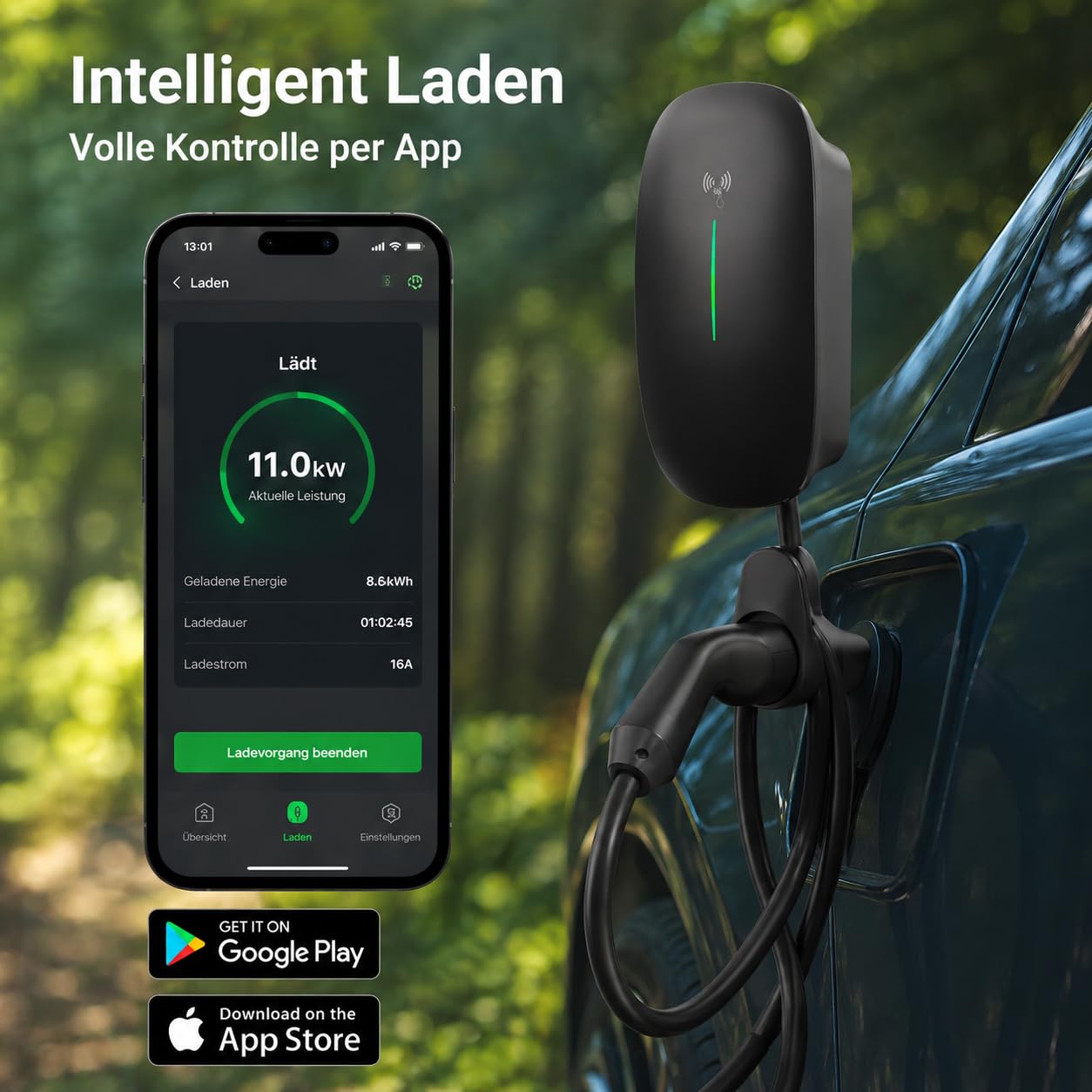 22 kW Wallbox Ladestation | Typ 2 Ladekabel 7m | WLAN, LAN & 4G | 6 mA DC-Fehlerstromschutz | App-Steuerung & 4 RFID-Karten | Schwarz | OCPP 1.6 & 2.0 | Lastmanagementfähig (11 kW(5m Kabel))