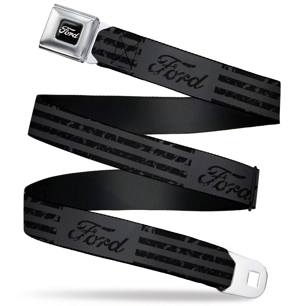 Buckle-Down Ford Belt, Seatbelt Buckle Belt, Ford Script Stripe Blocks Weathered Gray Black, Mens Womens Kids Adjustable