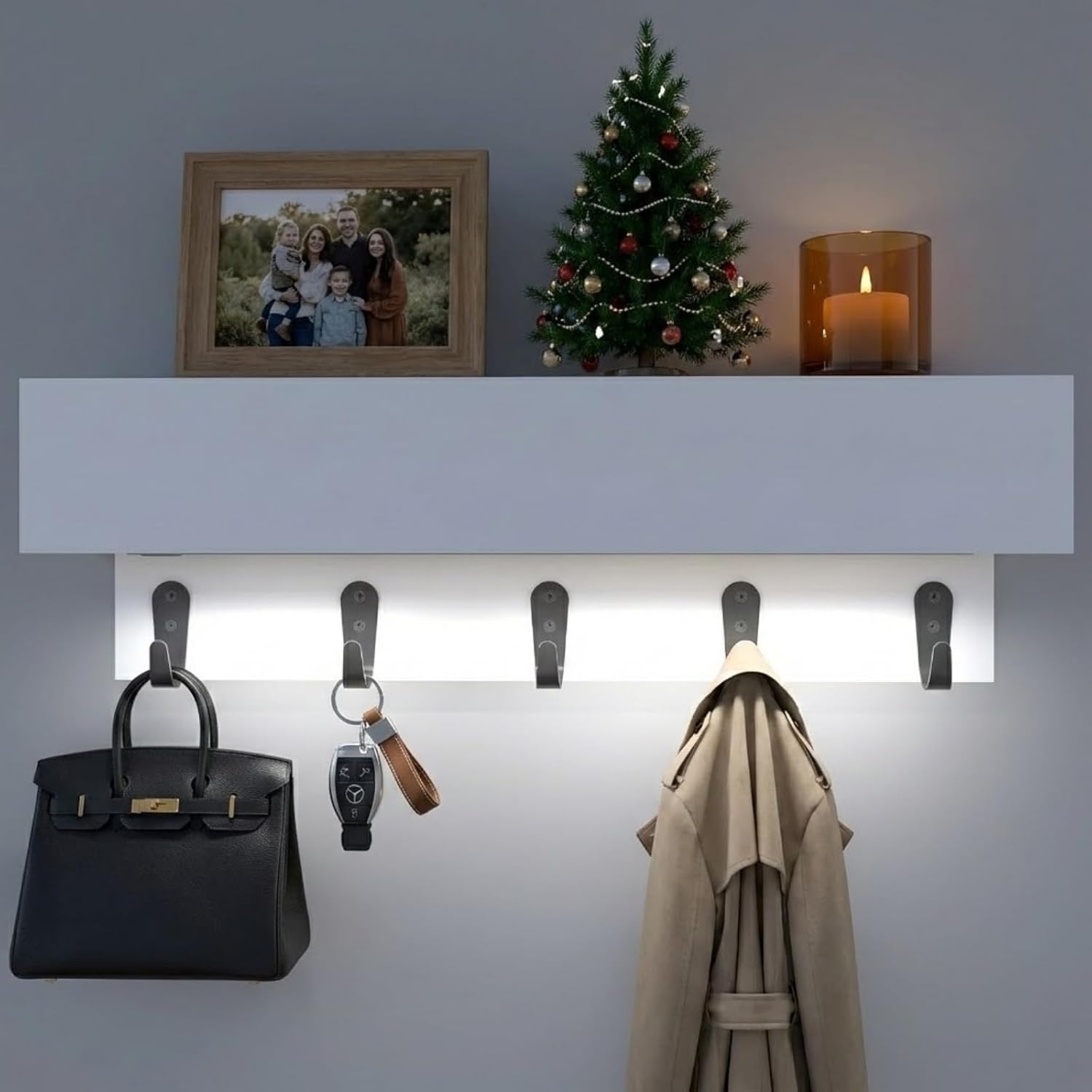 24" Entryway Coat Rack with LED Ambient Light, Premium Eco-Friendly Wood Wall Mount Floating Shelf with Storage, Minimalist Organizer with Hooks for Coats, Bags & Entryway Decor, Warm White