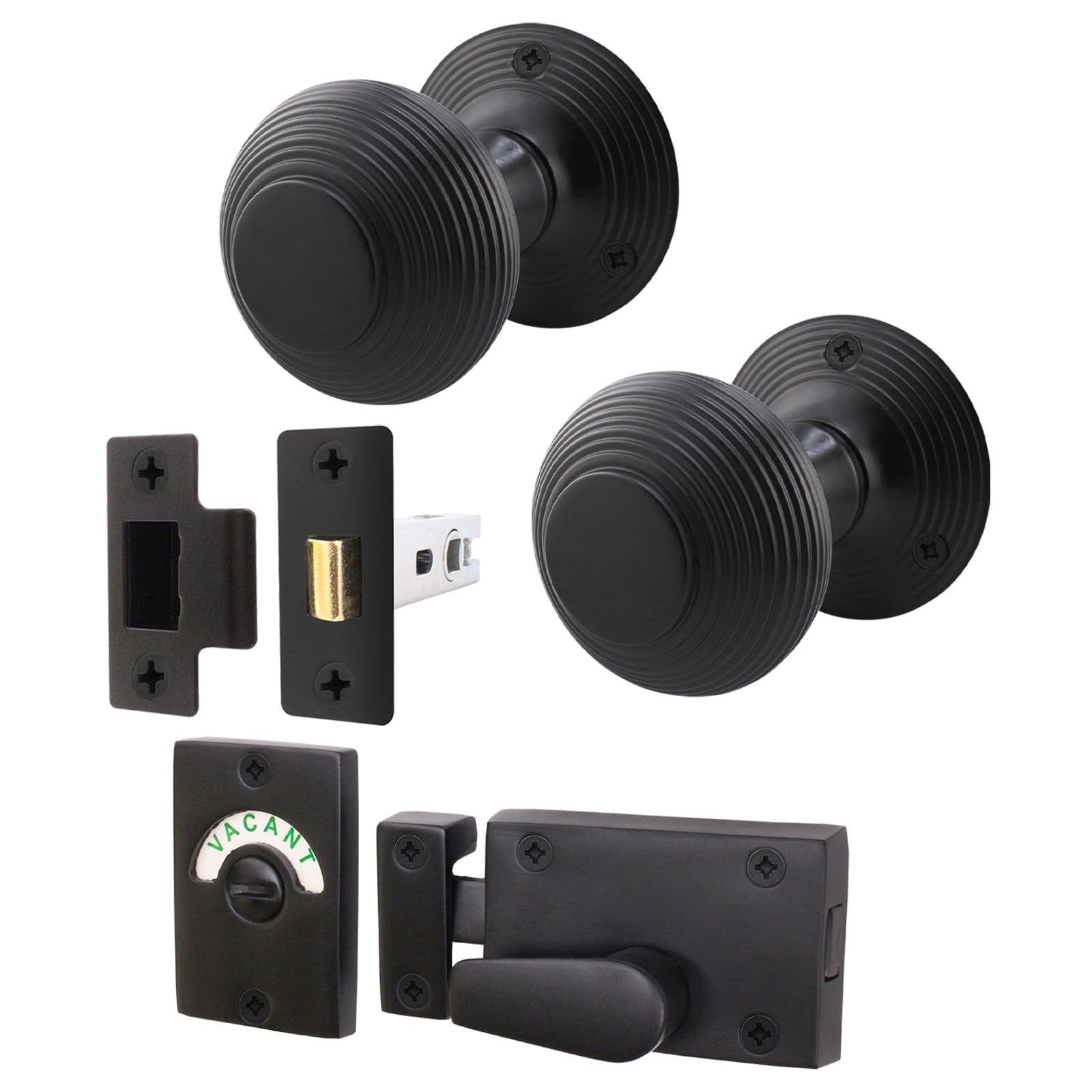EAI Beehive Reeded Black Door Knob Set | 1 Pair of Matt Black Mortice Knobs (55mm), Latch (76mm) & Indicator Bolt for Internal Doors