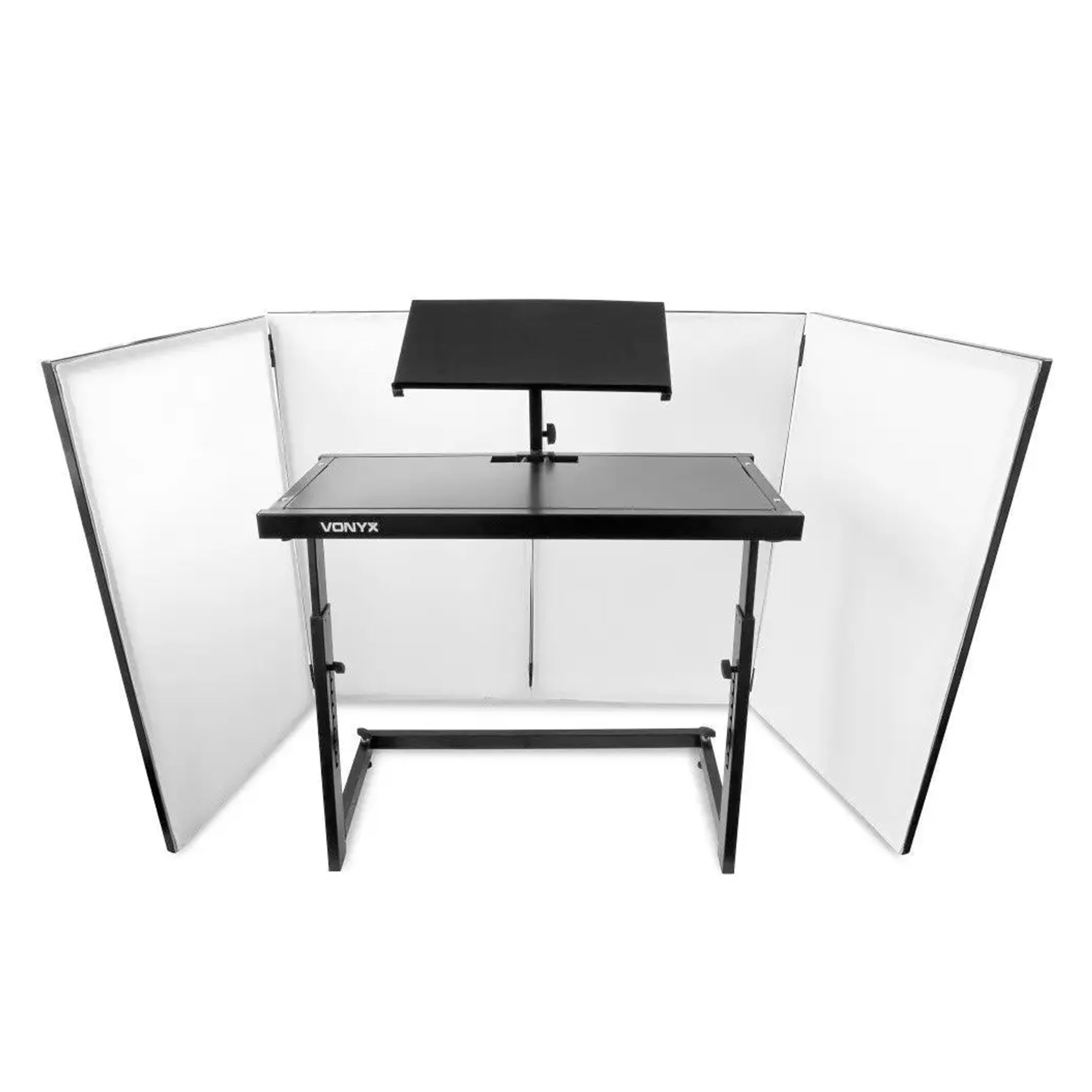 Vonyx cabina DJ plegable con mueble ajustable y pantalla frontal, estructura portátil con mesa y meseta inclinable, lycra elástica, ideal para DJ móvil y eventos