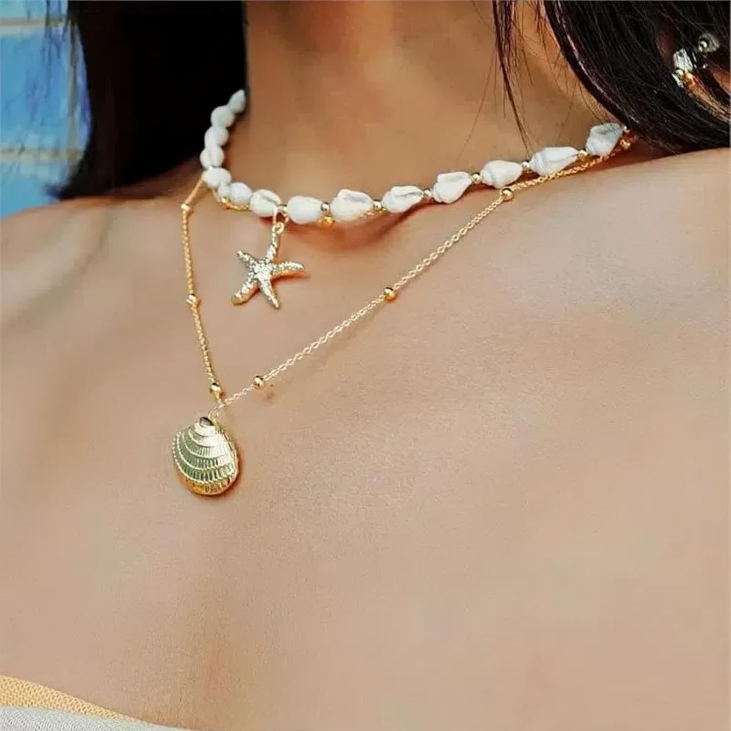 Layered Beach - Inspired Gold Necklace Set for Women - Seashell & Starfish Charm Necklaces, Ideal Beach Jewelry - Image 4