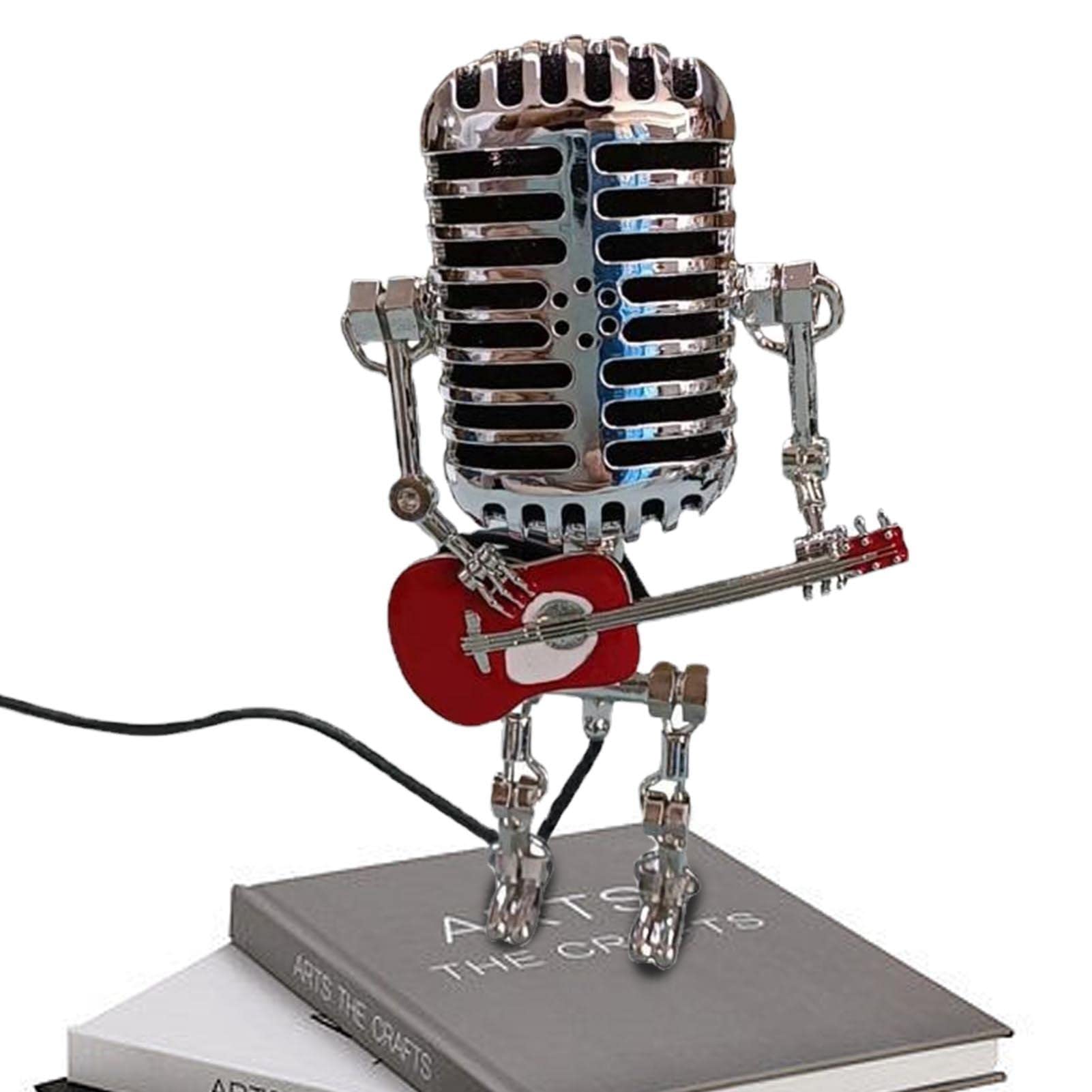 Jomewory Microphone Lamp | Metal Microphone Robot Nightstand Desk Lamp with Guitar | Retro Style Household Ornaments for Bedroom, Bar, Restaurant, Desktop