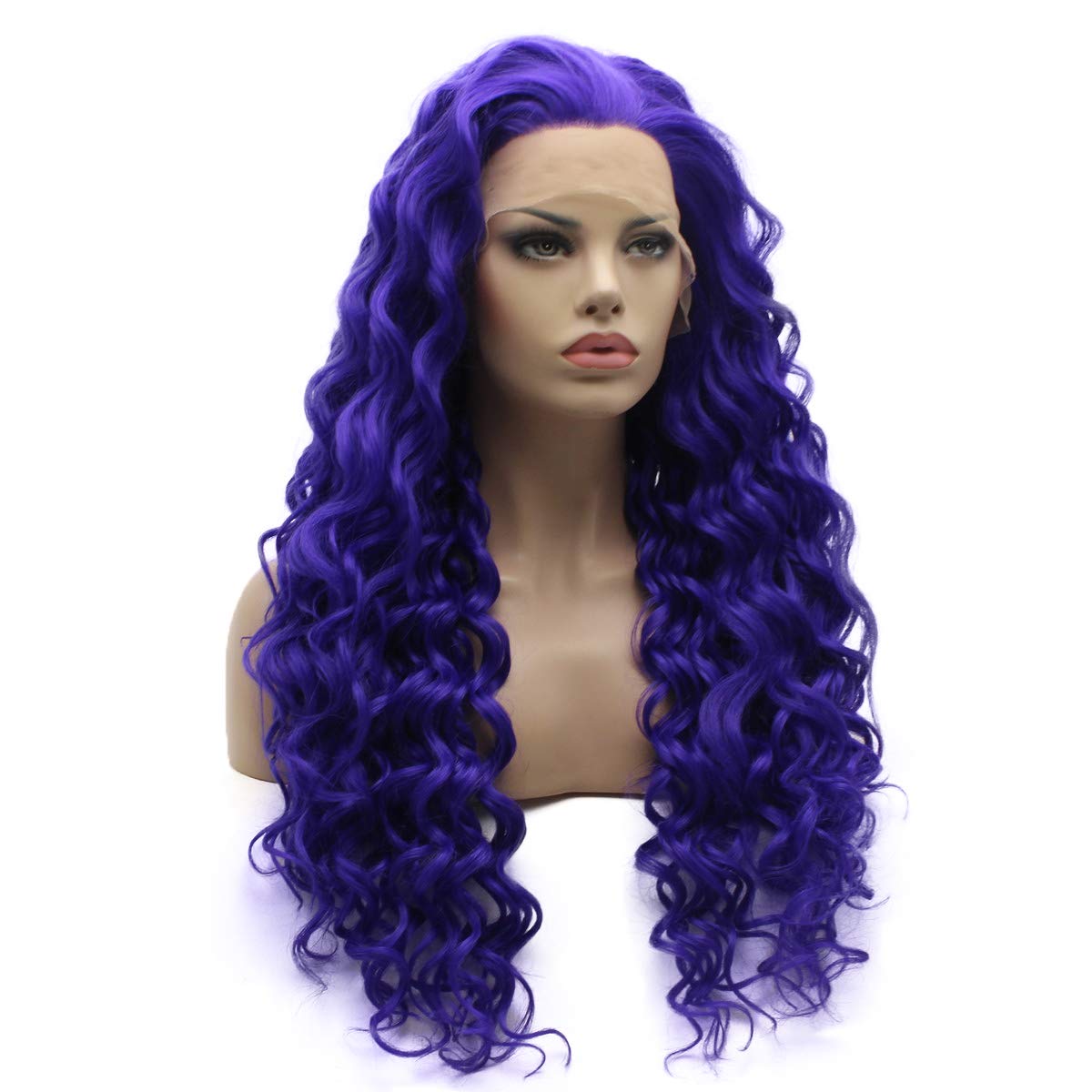 Lushy Fashion Long Kinky Curly Blue Purple Wig Heavy Density Heat Resistant Synthetic Lace Front Wig
