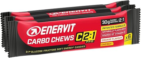 Enervit, Carbo Chews C2:1PRO, Caramelle Gommose con Maltodestrine e 30g di Carboidrati, Gusto Arancia, Per Attività di Lunga Durata ad Alta Intensità, Senza Glutine, 3 Confezioni da 6 Caramelle