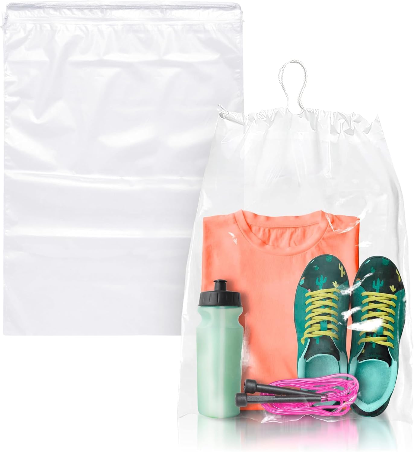 Clear Drawstring Travel Bags for Shoes. 2 mil PE Dust Bags for Shoes with Drawstrings. Plastic Drawstring Bags