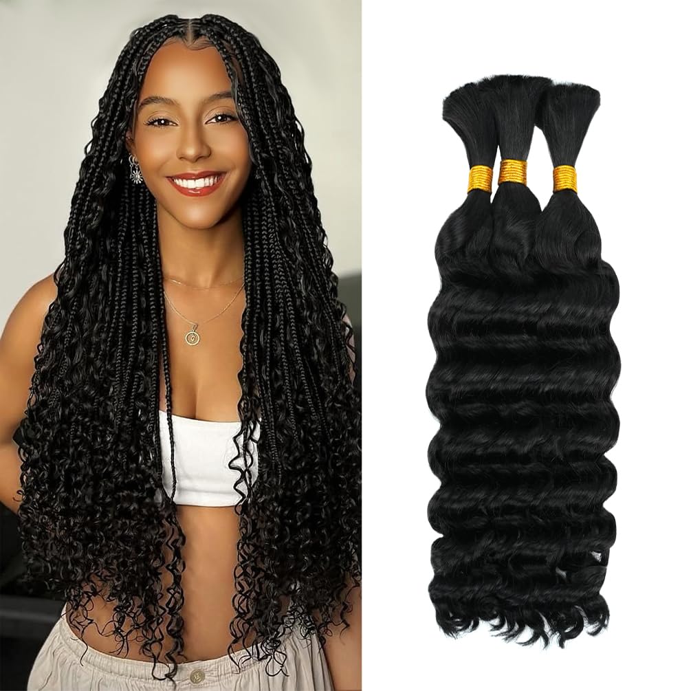 Deep Wave Human Braiding Hair for Boho Braids – 22 Inch 120g 3 Bundles/Pack Natural Black, 100% Unprocessed 12A Brazilian Virgin Hair Bulk, No Weft,