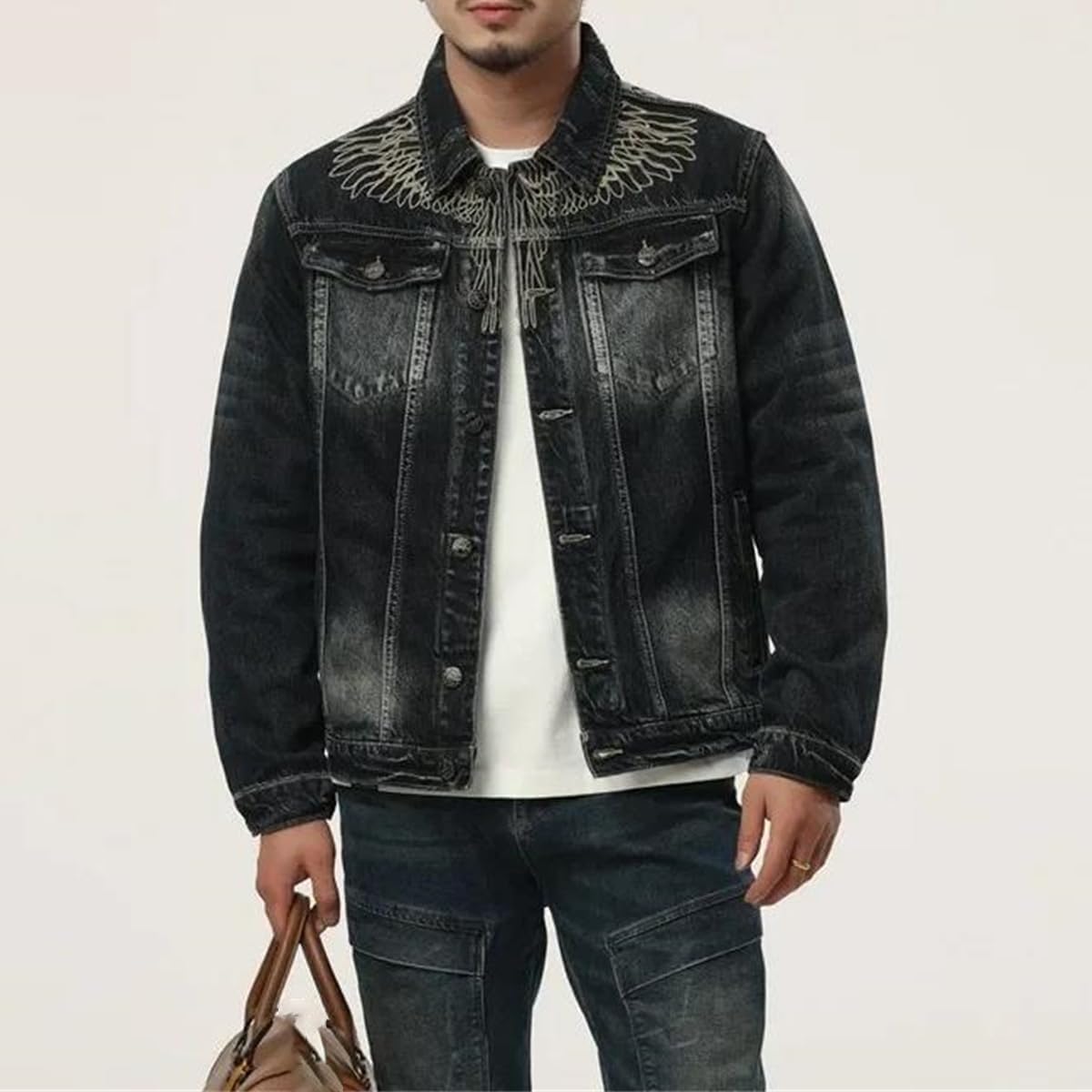 Men's Spring Classic Heavy Embroidered Denim Top Retro Motorcycle Jacket