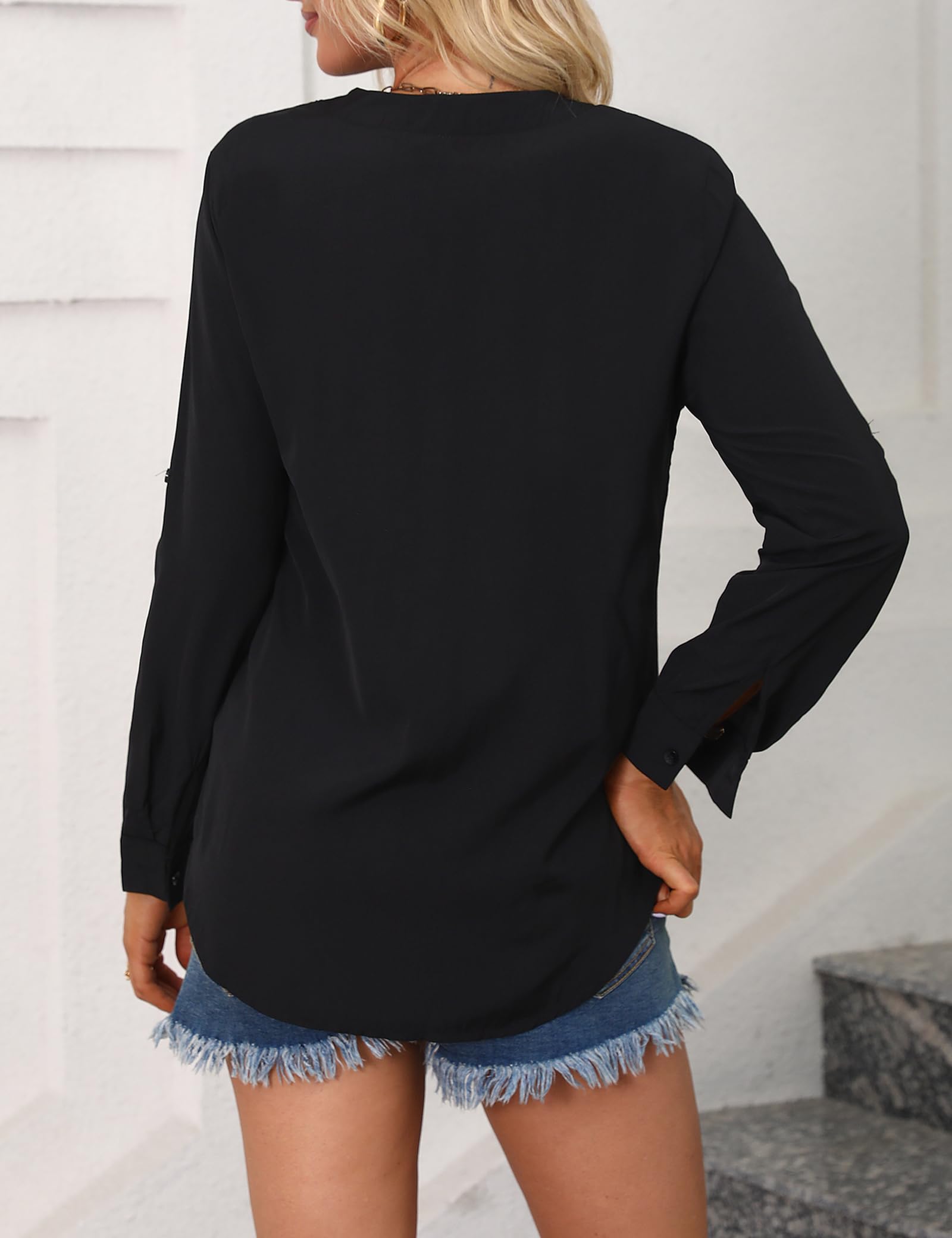 Aottori Camicetta Donna Elegante Camicia con Scollo a V Blusa a Maniche Lunghe Shirt con Bottoni Tinta Unita Tops Casual