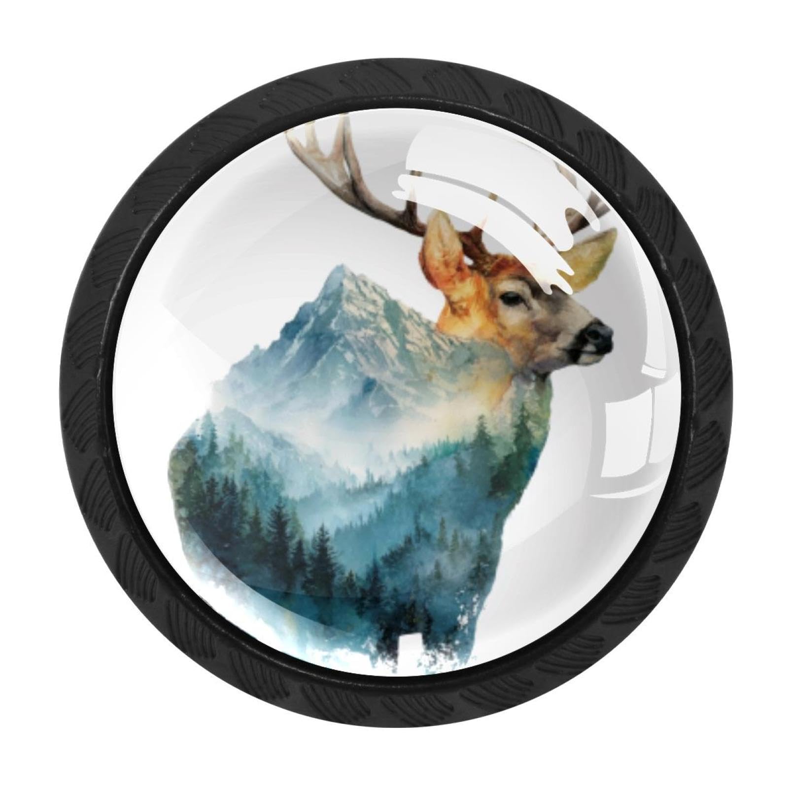 CHENZZZZ 4 Pack Watercolor Mountain Deer (7) Drawer Knobs Cabinet Knobs Crystal Glass Knobs Pulls Handles for Kitchen Cabinet Hardware Cupboard Door Dresser Wardrobe Home Decor