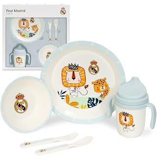 Interbaby - Set de Vajilla Infantil 5 Piezas Real Madrid Azul | Plato llano, Bol, Cubiertos y Vaso antigoteo | Apto para Lavavajillas | Apto para Microondas | Licencia Oficial | Libre de BPA